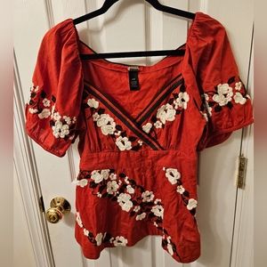 Anthropologie Lithe Snowshoe red embroidery top 10